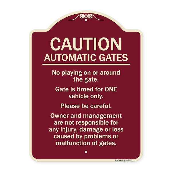 Designer Series-Caution Automatic Gates No Playing Gate Is Timed For One, 24" x 18", BU-1824-9992
